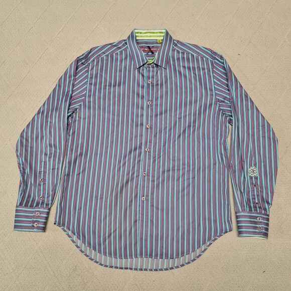 Robert Graham X Shirt Men's XL Button Up Striped Purple Blue Flip Cuff - Picture 1 of 7